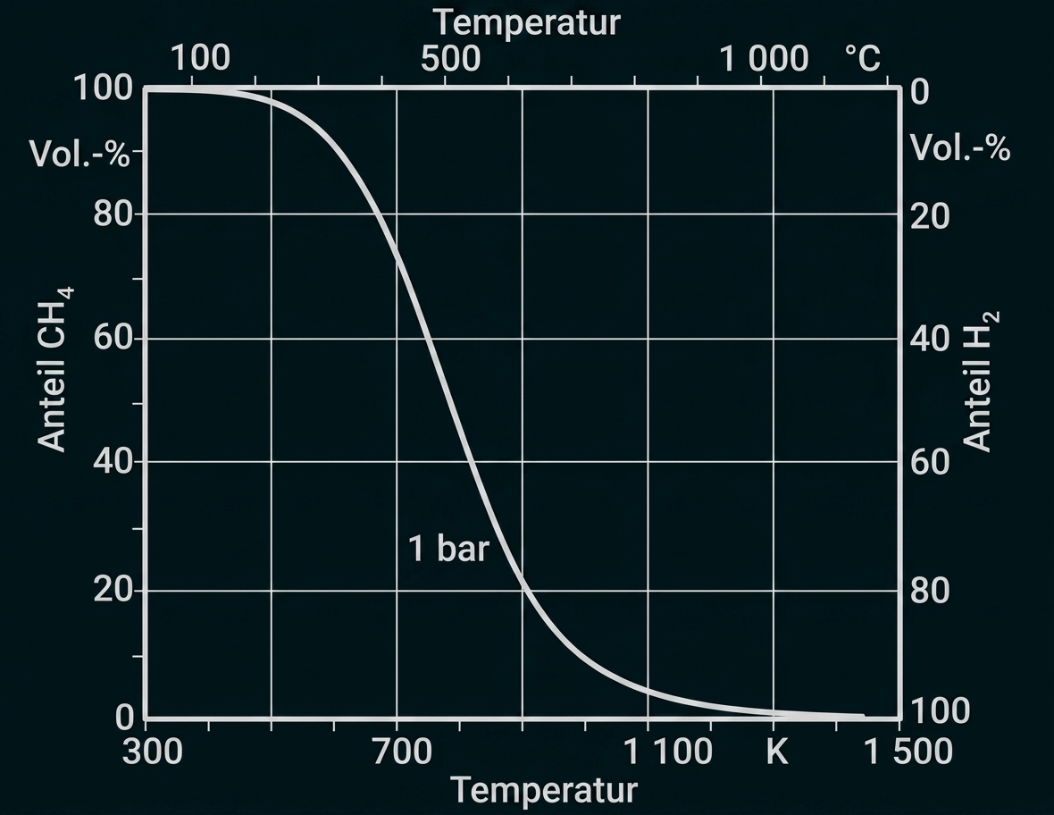 Diagramm: Anteil von CH4 sinkt mit steigender Temperatur bei 1 bar; Temperaturachse in K/°C, Vol.-%